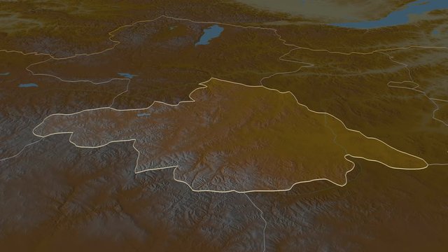 Arhangay, province with its capital, zoomed and extruded on the relief map of Mongolia in the conformal Stereographic projection. Animation 3D
