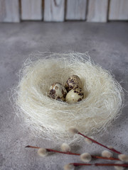 Quail eggs in a nest of sisal on a gray concrete background. The concept of a happy Easter. Willow branches on the background. No paint. Copy space. Front view. Vertical orientation