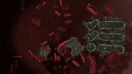 microscopic 3D rendering view of virus shaped as symbol of tasks inside vein with red blood cells