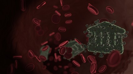 microscopic 3D rendering view of virus shaped as symbol of temple inside vein with red blood cells