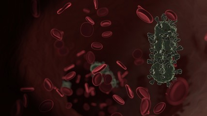 microscopic 3D rendering view of virus shaped as symbol of thermometer inside vein with red blood cells