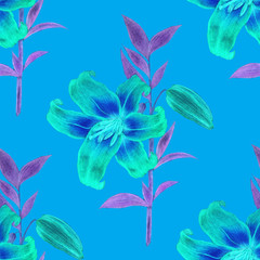 Fototapeta na wymiar Seamless pattern with garden flowers: tulips, peony, rose, lily, bluebell. Decorative floral pattern. Colorful nature background. Can be used for wedding invitations or any kind of a design.
