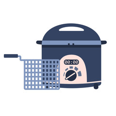 Flat vector electric home potato fryer icon with basket, chip pan. Cute blue and pink kitchen appliance, deep frying machine for logo design