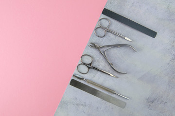A set of cosmetic tools for manicure and pedicure. Manicure scissors, cuticles, saws, miller and...
