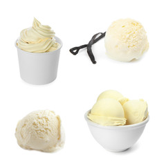 Set of vanilla ice creams and frozen yogurt on white background