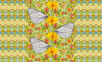 Beautiful seamless background with butterflies on floral backgro