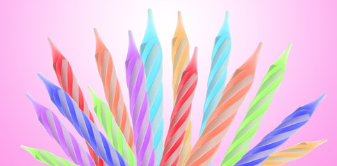 Many colorful birthday candles on pink background