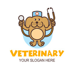 Funny cartoon dog doctor holding a stethoscope. Cute Veterinary Logo. Healthcare animal concept. Mascot for veterinary clinic.