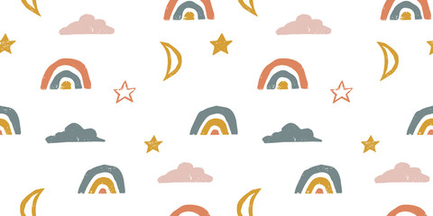 Seamless rainbow vector pattern with cloud star and moon. Hand drawn pastel muted designs for wallpaper textile fabric designs. Cute vector illustrations in grainy style.