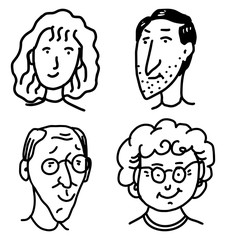 Diverse faces of people set. Human Avatars Collection. Old and young age. Happy emotions. Portrait with a positive facial expression. Men and women, grandparents and girls. Hand drawn doodle sketch.