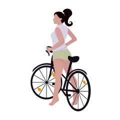 Fototapeta premium Tanned girl with black hair piled in a ponytail, in a T-shirt and shorts, on a bicycle, isolated on a white background. Vector illustration