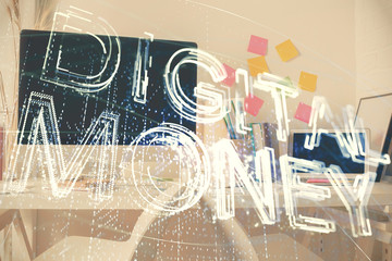 Double exposure of crypto technology theme drawing and office interior background. Concept of blockchain.