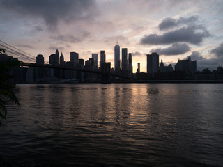 new york city skyline at sunset