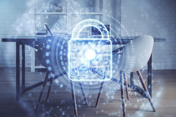 Multi exposure of lock drawing and office interior background. Concept of data security.