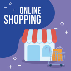 store with tent and icons of online shopping