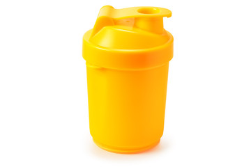 Orange shaker for sports nutrition isolated on white background