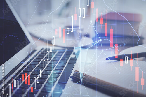 Fototapete Double Exposure Of Financial Chart Drawing And Desktop With Coffee And Items On Table Background Concept Of Forex Market Trading Peshkova