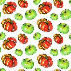 Seamless pattern with green apples and pumpkin. Colorful bright anniversary background for your creative ideas.