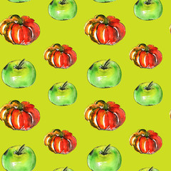 Seamless pattern with green apples and pumpkin. Colorful bright anniversary background for your creative ideas.