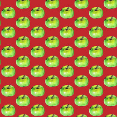 Red seamless pattern with green apples. Juicy bright summer background. Watercolor
