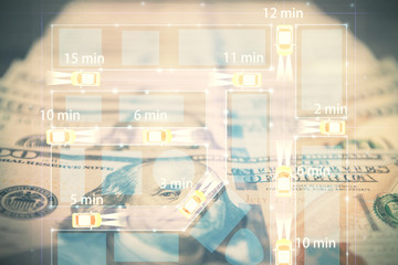 Double exposure of tech theme drawing over usa dollars bill background. Concept of autopilot ai.