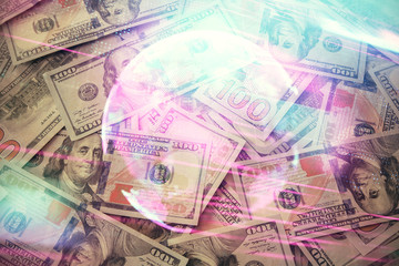 Double exposure of tech theme drawing over usa dollars bill background. Concept of technology.