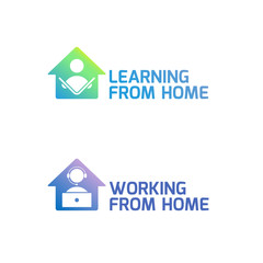 Learning from home and working from home logo designs. Study at home and work at home icon set. Simple and clean icon designs with cool color gradients. 
