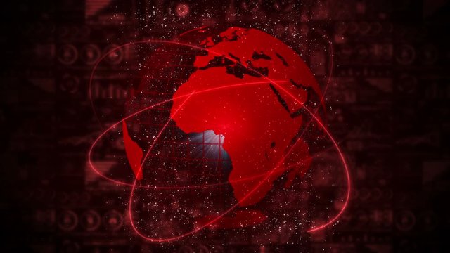 Pandemic of infection. Global earth with red dots of infection. Medical hologram elements of digital data graph. Infectious control. Cure virus. Loop animation.