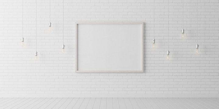 Empty room with white bricks wall. Mock up poster with ceiling lamps 3d render 3d illustration	