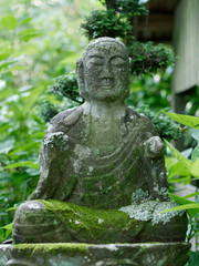 Fototapeta na wymiar Stone Buddha statue in a garden creating an atmosphere of peace and calm for mindfulness