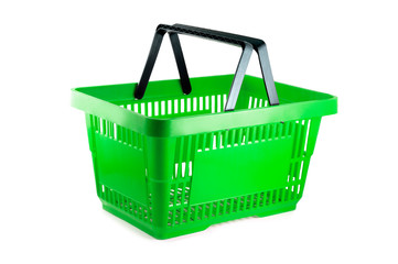 Empty green basket for shop isolated on white.