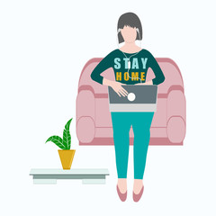 Girl sitting in a chair with a laptop - isolated on white - vector. Stay at home. Pandemic. Quarantine. Self isolation. Coronavirus.