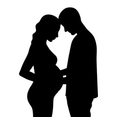 Side view of affectionate young couple expecting a baby. Black and white silhouette.