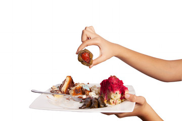 white background- hungry lady eats donut cake