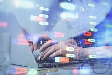 Multi exposure of woman hands working on computer and data theme hologram drawing. Tech concept.