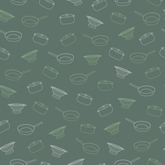 Dark Green and White Kitchen Theme Seamless Repeating Pattern. Beautiful hand drawn vector design perfect for fabric, scrapbooks, home and kitchen decor, gifts, projects, marketing and packaging.