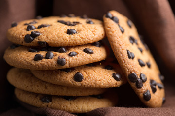 Stacked chocolate oat cookies Close up. Tasty snack and Sweet dessert