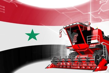 Fototapeta na wymiar Agriculture innovation concept, red advanced rye combine harvester on Syrian Arab Republic flag - digital industrial 3D illustration