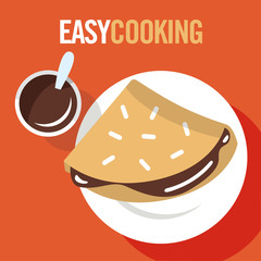 Crepes with chocolate cream on background orange