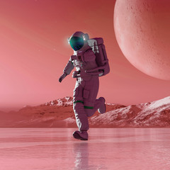 astronaut in another planet is running on the ice lake © DM7