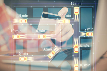 Double exposure of man hands holding a credit card and automobile theme drawing. Technology in E-commerce concept.