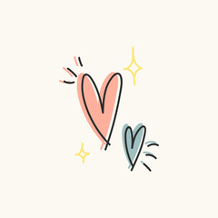 Heart and stars shape element. Hearts in pastel colors. Vector icon in hand drawn doodle style for invitation, cards and other design.