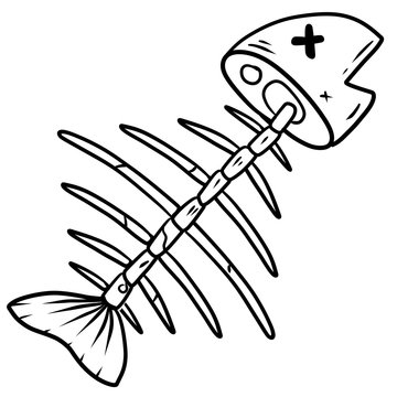 Fish skeleton. A dead sea animal. The skull and bones. White scraps and garbage. Cartoon drawn illustration