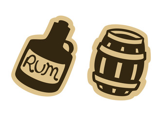 Vector rum bottle and wood barrel icons isolated on white. Can represent alcohol, prohibition, drinking, pirates, a treasure, etc.