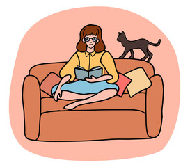 Fototapeta premium Hand drawn vector illustration. Woman is sitting in a comfortable sofa and reading a book. Favorite home hobby concept. Colored cartoon graphic picture isolated in white. Doodles, flat, simple style.