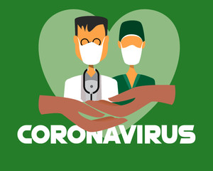 two doctors with masks on a green background to fight the coronavirus