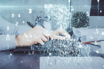 Multi exposure of man's hands holding and using a digital device and data theme drawing. Innovation concept.