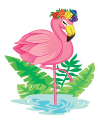 Fototapeta premium Cute flamingo with tropical leaf and flowers crown illustration for party invitation card template