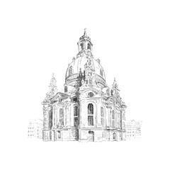 Frauenkirche, Church of our Lady in Dresden, Germany. Black and white drawing sketch. Vector illustration. - obrazy, fototapety, plakaty