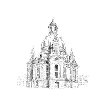 Frauenkirche, Church of our Lady in Dresden, Germany. Black and white drawing sketch. Vector illustration.